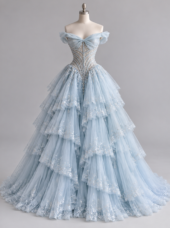 Chic Blue Prom Dress A-Line Sequins Tulle Long Evening Dress DP08237