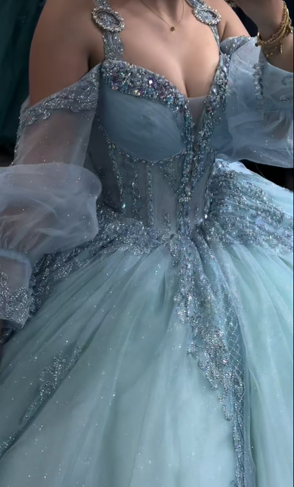 Gorgeous Blue Sweet 16 Dress Ball Gown Appliques Tulle Quinceanera Dress DP08246