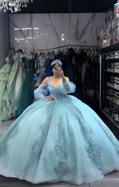 Gorgeous Blue Sweet 16 Dress Ball Gown Appliques Tulle Quinceanera Dress DP08246