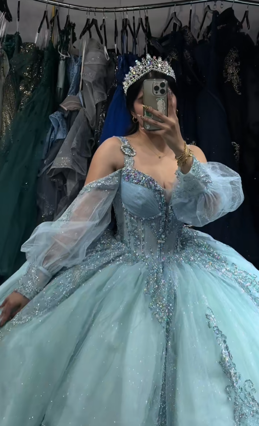 Gorgeous Blue Sweet 16 Dress Ball Gown Appliques Tulle Quinceanera Dress DP08246