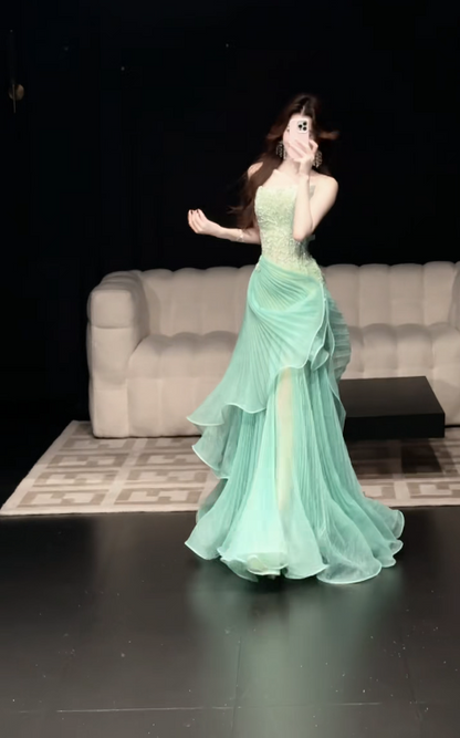 Chic Green Prom Dress Sheath Tulle Long Evening Dress DP08248