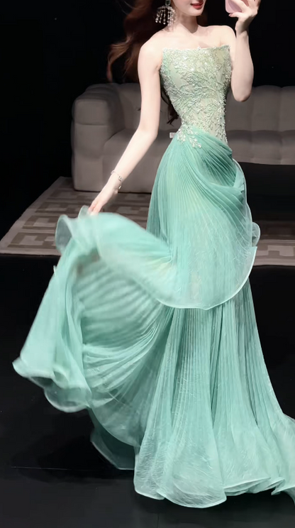 Chic Green Prom Dress Sheath Tulle Long Evening Dress DP08248