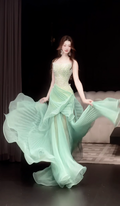 Chic Green Prom Dress Sheath Tulle Long Evening Dress DP08248