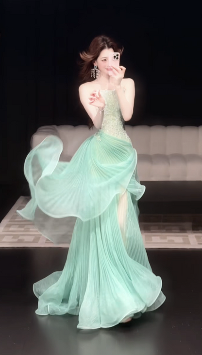 Chic Green Prom Dress Sheath Tulle Long Evening Dress DP08248
