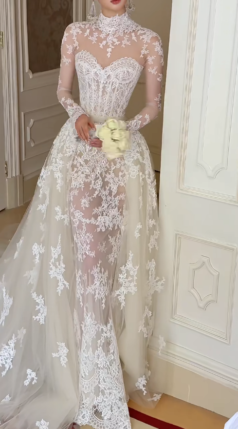Glam White Bridal Gown Sheath Lace Long Wedding Dress DP08251