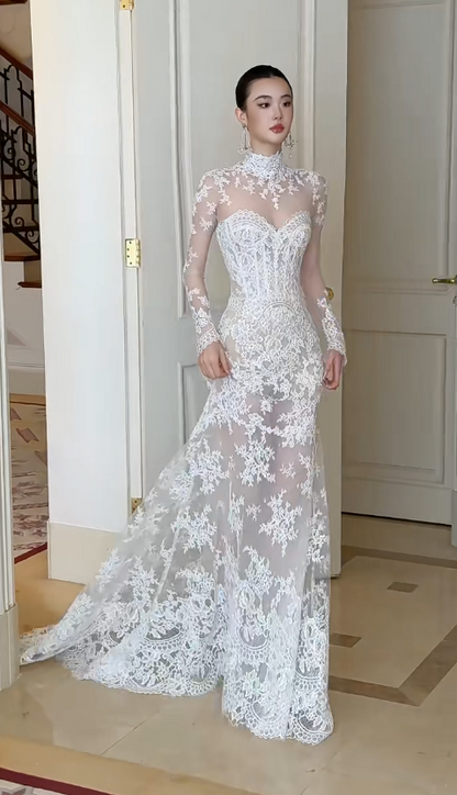 Glam White Bridal Gown Sheath Lace Long Wedding Dress DP08251