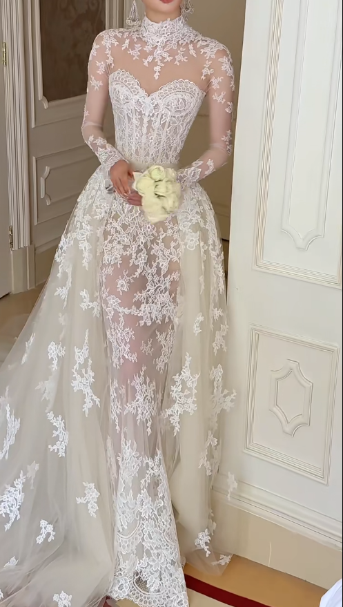 Glam White Bridal Gown Sheath Lace Long Wedding Dress DP08251