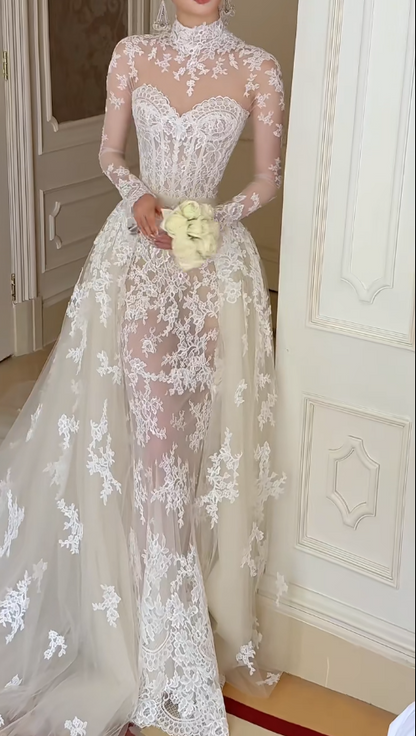 Glam White Bridal Gown Sheath Lace Long Wedding Dress DP08251