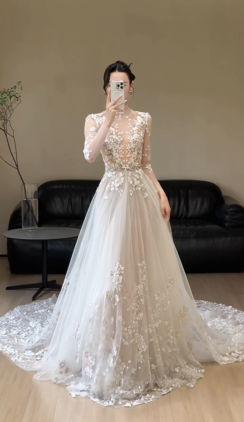 Glam White Bridal Gown A-Line Tulle Long Wedding Dress DP08252