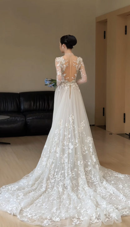 Glam White Bridal Gown A-Line Tulle Long Wedding Dress DP08252