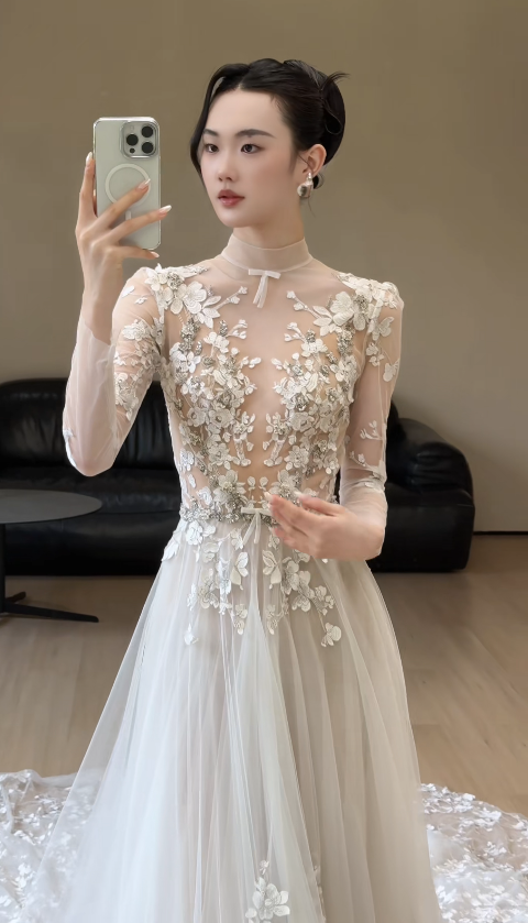 Glam White Bridal Gown A-Line Tulle Long Wedding Dress DP08252