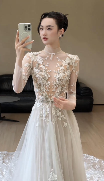 Glam White Bridal Gown A-Line Tulle Long Wedding Dress DP08252