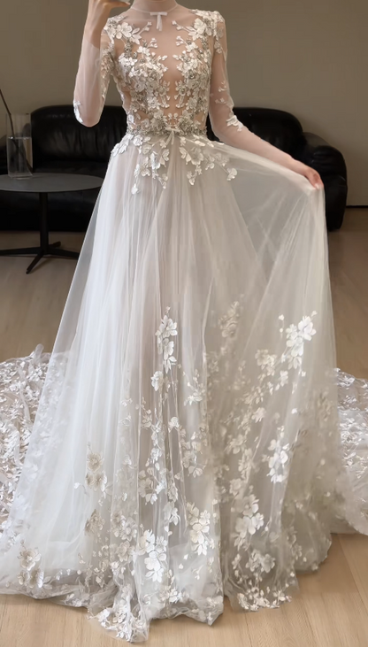 Glam White Bridal Gown A-Line Tulle Long Wedding Dress DP08252