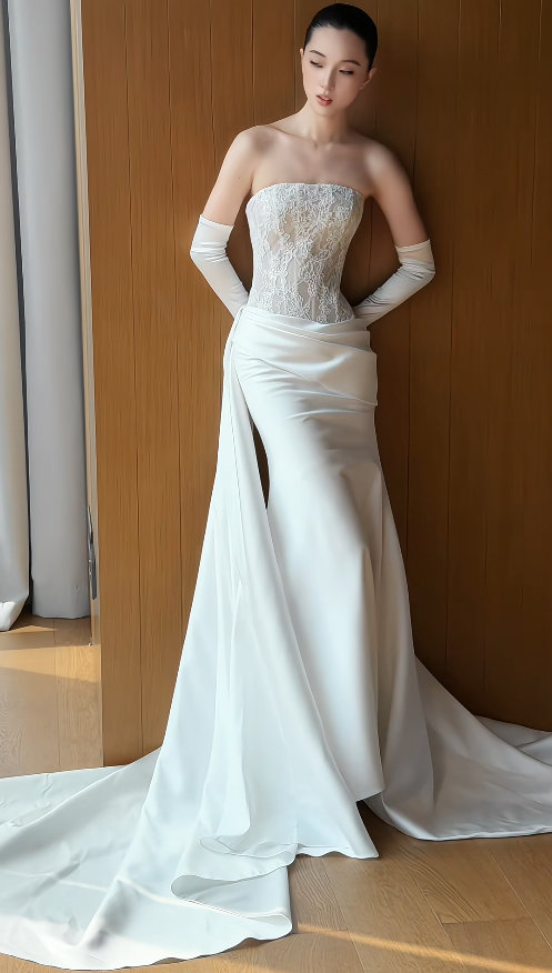 Glam White Bridal Gown Sheath Satin Long Wedding Dress DP08254