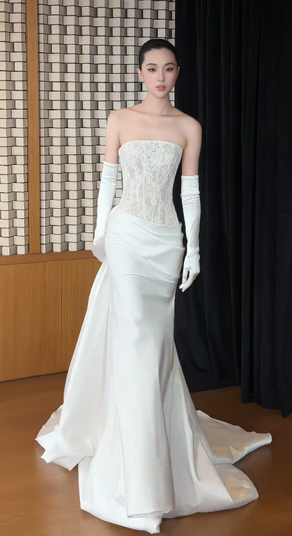 Glam White Bridal Gown Sheath Satin Long Wedding Dress DP08254