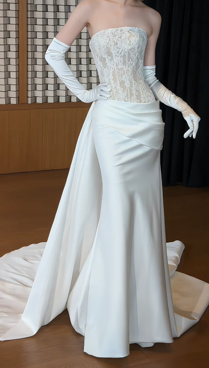 Glam White Bridal Gown Sheath Satin Long Wedding Dress DP08254