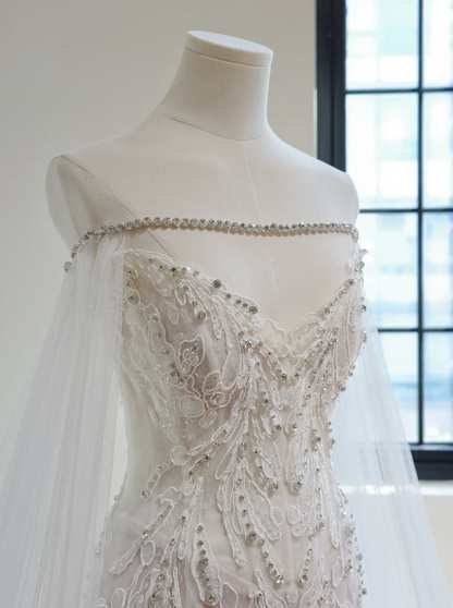 Glam White Brautkleid Meerjungfrau-Stil mit Perlen und Tüll, langes Hochzeitskleid DP08255