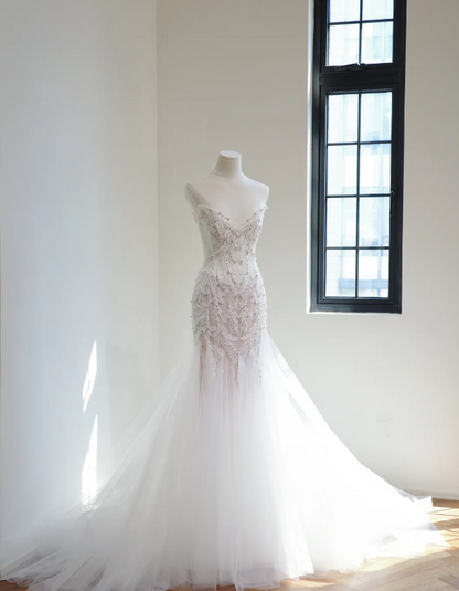 Glam White Brautkleid Meerjungfrau-Stil mit Perlen und Tüll, langes Hochzeitskleid DP08255