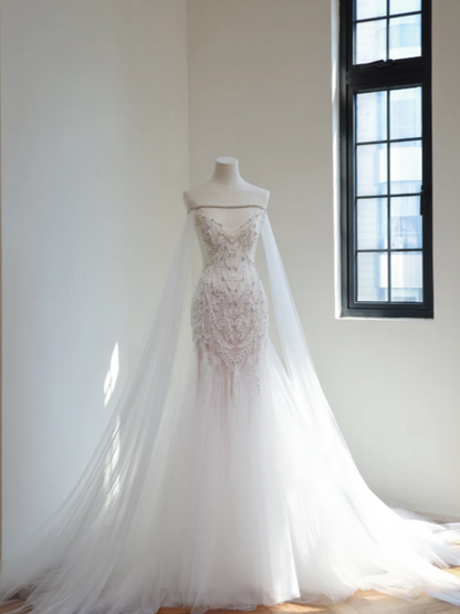 Glam White Brautkleid Meerjungfrau-Stil mit Perlen und Tüll, langes Hochzeitskleid DP08255