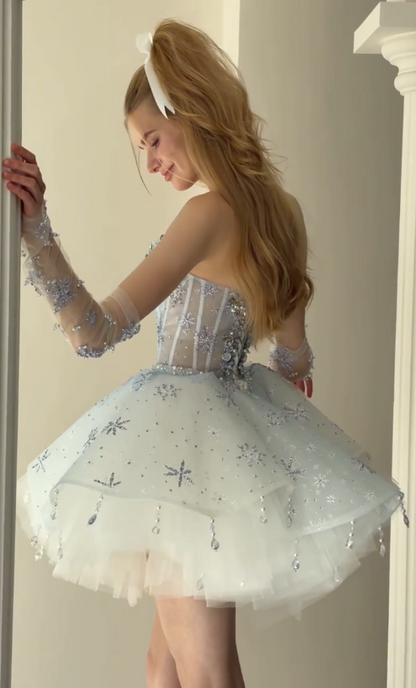 Niedliches kurzes blaues Ballkleid, A-Linie, Tüll, Geburtstagskleid DP08257