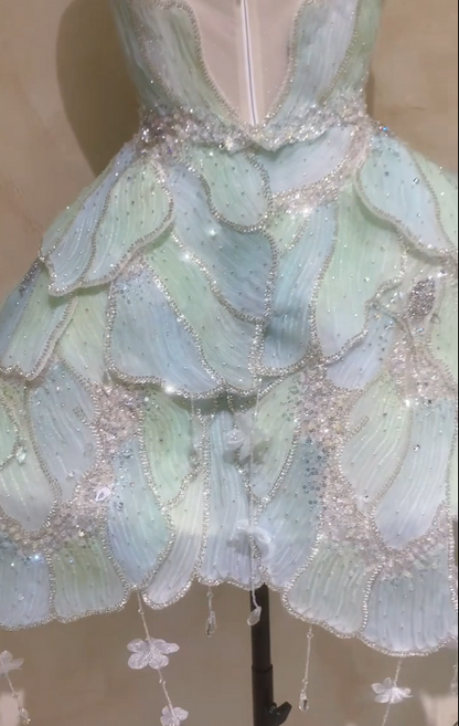 Jolie robe de bal courte verte en tulle, coupe trapèze, pour fête d’anniversaire DP08258