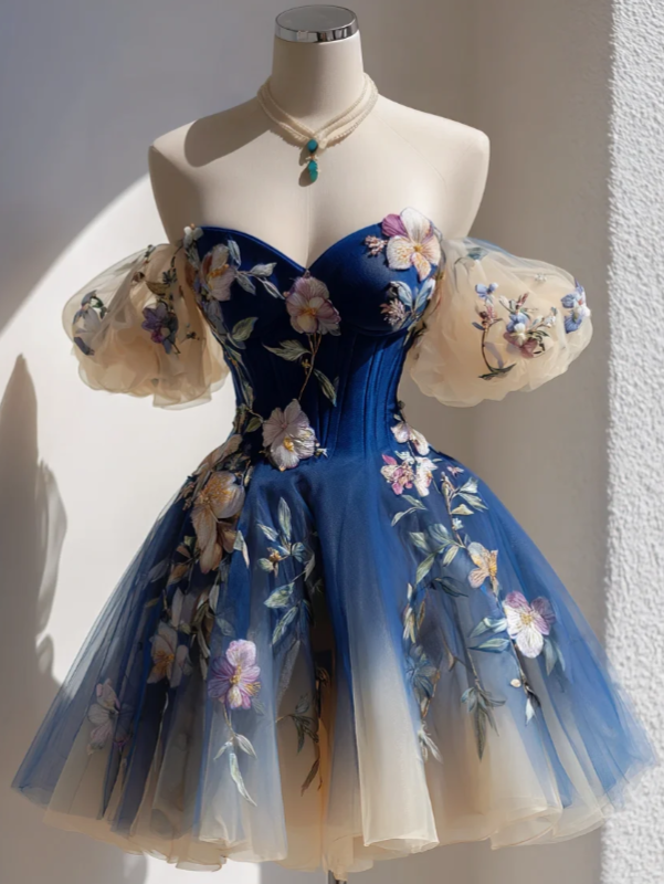 Niedliches kurzes blaues Ballkleid in A-Linie mit Tüllapplikationen, Geburtstagskleid DP08267