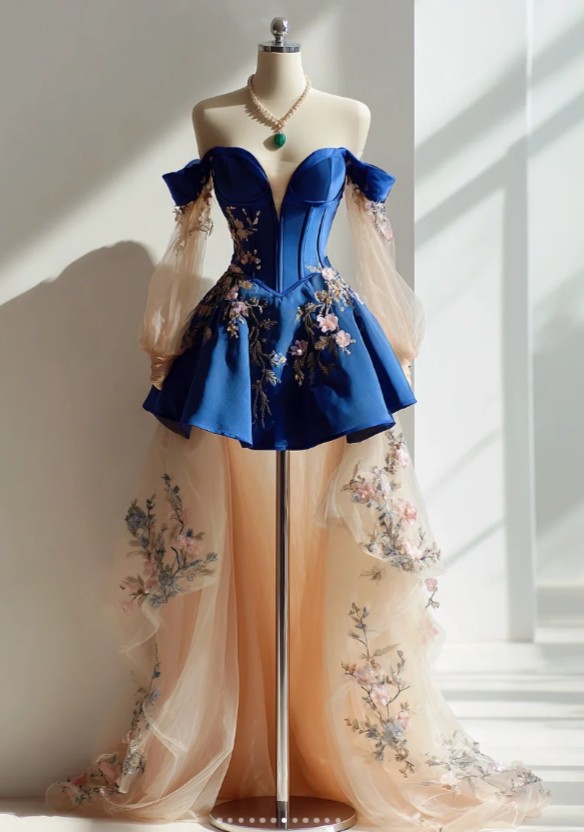 Cute Blue Short Prom Dress A-Line Satin Appliques Birthday Party Dress DP08268