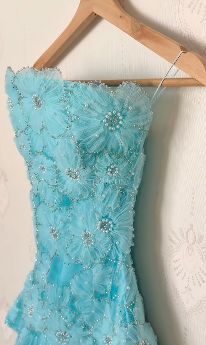 Cute Blue Short Prom Dress Sheath Tulle Sequins Birthday Party Dress DP08270