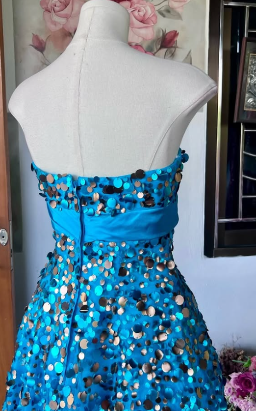 Jolie robe de bal courte bleue en satin à sequins, coupe trapèze, robe de fête d’anniversaire DP08272