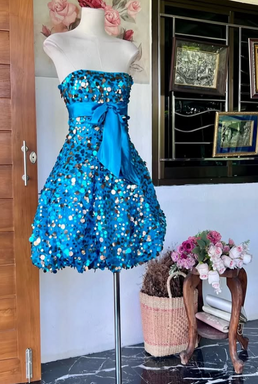 Cute Blue Short Prom Dress A-Line Satin Sequins Birthday Party Dress DP08272