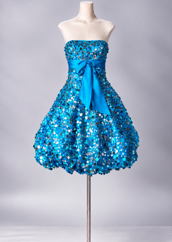 Jolie robe de bal courte bleue en satin à sequins, coupe trapèze, robe de fête d’anniversaire DP08272
