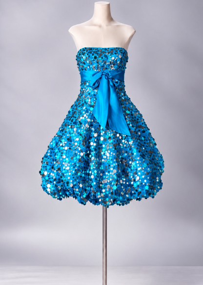 Jolie robe de bal courte bleue en satin à sequins, coupe trapèze, robe de fête d’anniversaire DP08272