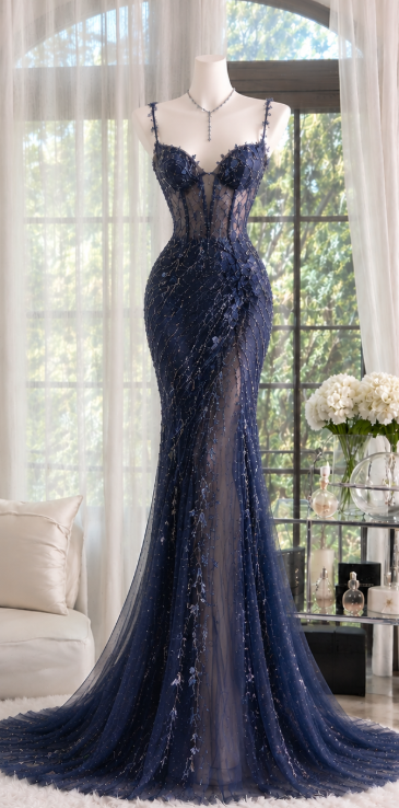 Pretty Navy Blue Prom Dress Sheath Beaded Chiffon Long Evening Dress DP08284