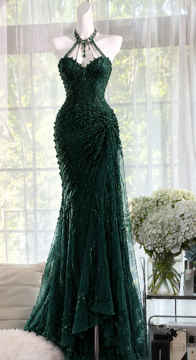 Pretty Dark Green Prom Dress Sheath Beaded Chiffon Long Evening Dress DP08286