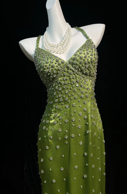 Jolie robe de bal verte fourreau en satin perlé, robe de soirée longue DP08287