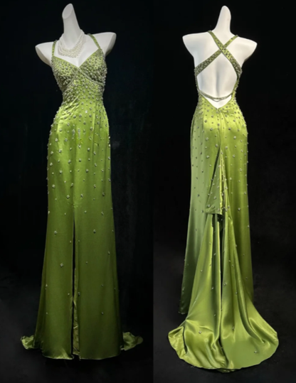 Jolie robe de bal verte fourreau en satin perlé, robe de soirée longue DP08287