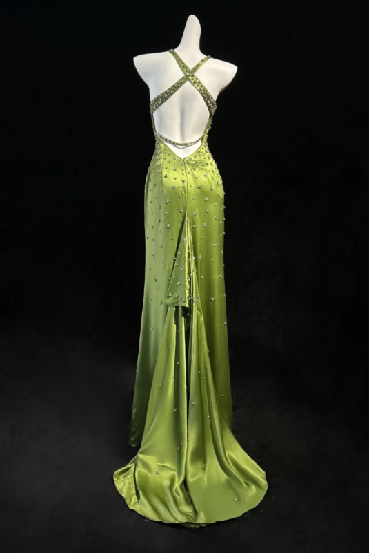 Jolie robe de bal verte fourreau en satin perlé, robe de soirée longue DP08287