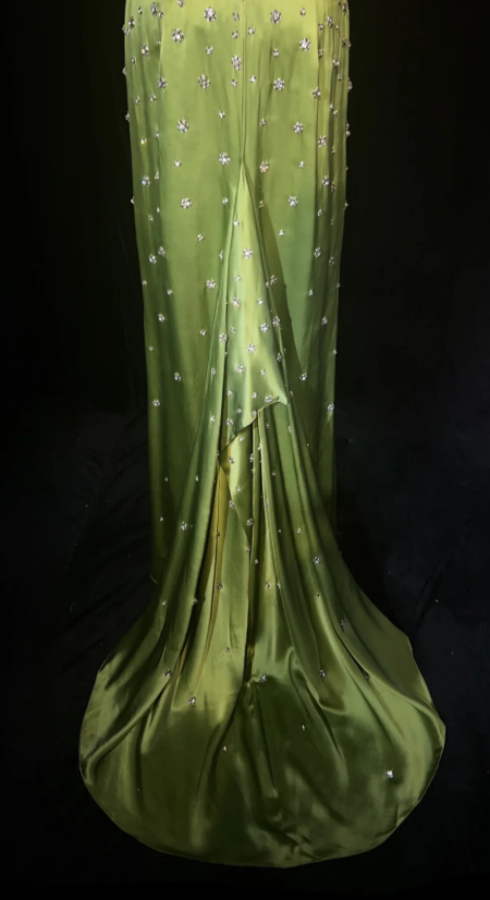 Jolie robe de bal verte fourreau en satin perlé, robe de soirée longue DP08287