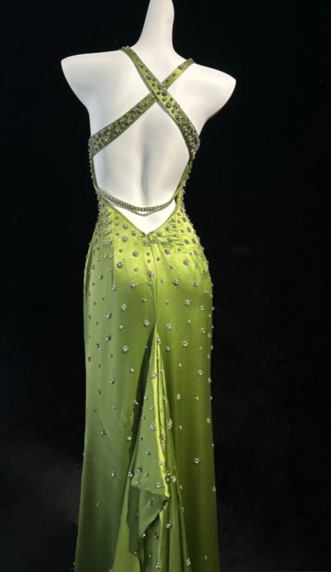 Jolie robe de bal verte fourreau en satin perlé, robe de soirée longue DP08287