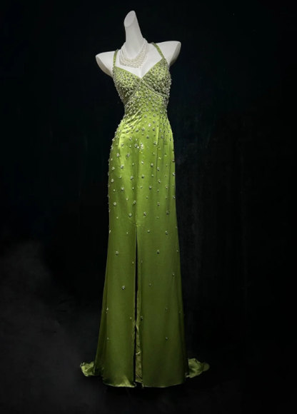 Jolie robe de bal verte fourreau en satin perlé, robe de soirée longue DP08287