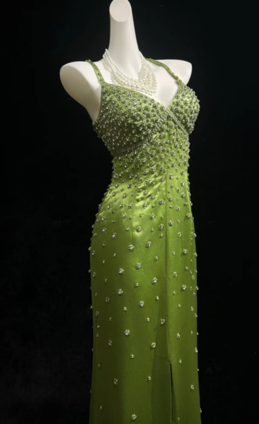 Jolie robe de bal verte fourreau en satin perlé, robe de soirée longue DP08287
