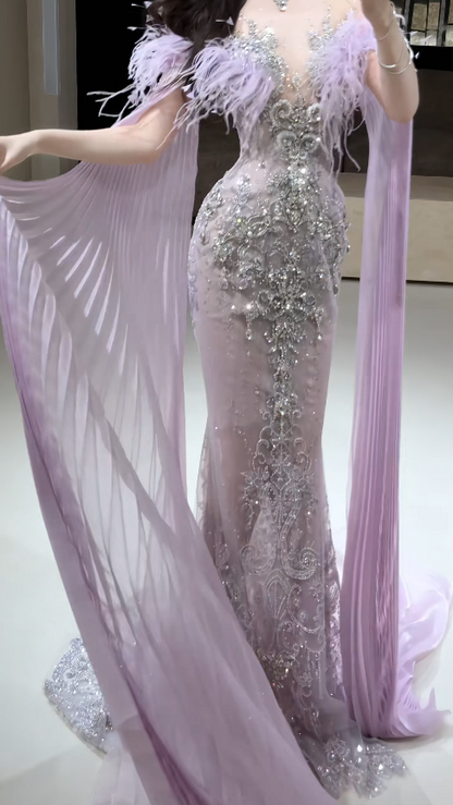 Pretty Purple Prom Dress Sheath Tulle Beaded Long Evening Dress DP08291
