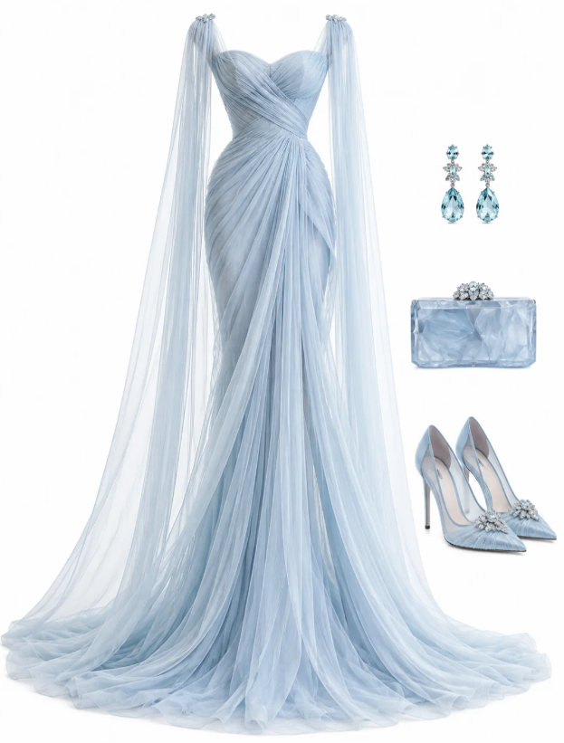 Pretty Blue Prom Dress A-Line Tulle Long Evening Dress DP08293