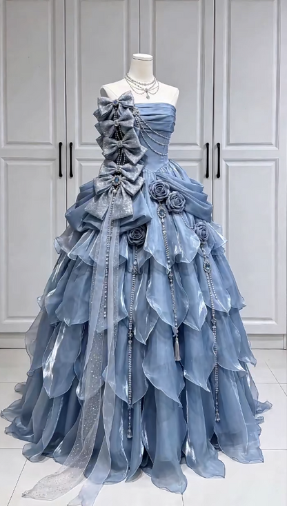Pretty Blue Prom Dress A-Line Satin Long Evening Dress DP08297