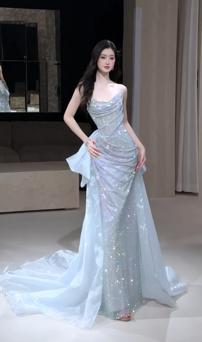 Pretty Ice Blue Prom Dress Sheath Tulle Diamonds Long Evening Dress DP08299