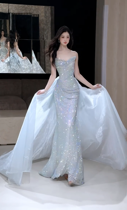 Pretty Ice Blue Prom Dress Sheath Tulle Diamonds Long Evening Dress DP08299