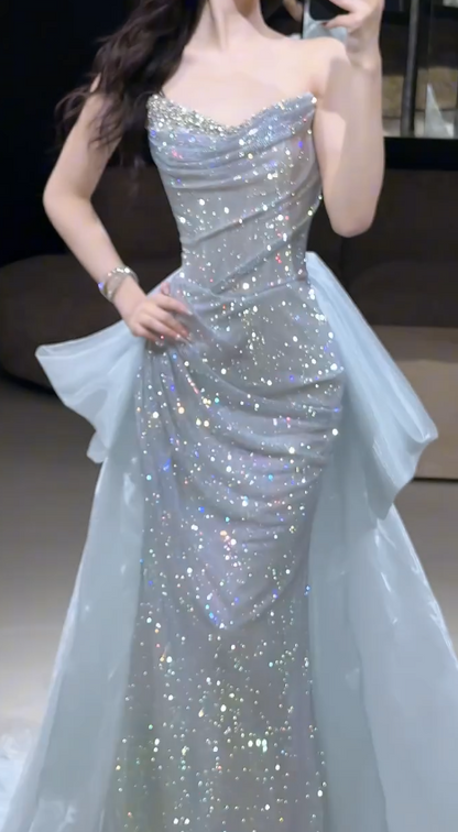 Pretty Ice Blue Prom Dress Sheath Tulle Diamonds Long Evening Dress DP08299