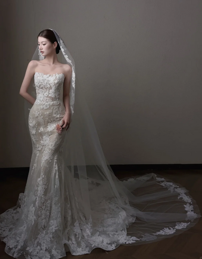 Glam Sheath Tulle Appliques Lace Long Wedding Dress White Bridal Gown DP08304