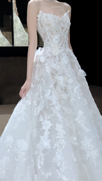 Glam A-Line Tulle Appliques Long Wedding Dress White Bridal Gown DP08305