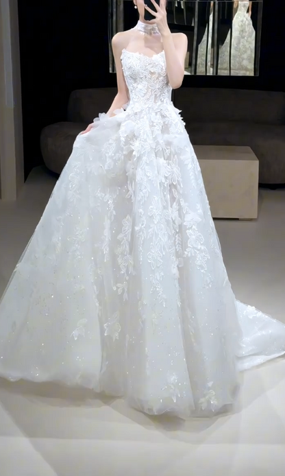 Glam A-Line Tulle Appliques Long Wedding Dress White Bridal Gown DP08305